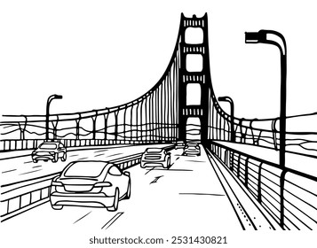 Ponte Golden Gate. São Francisco, Califórnia, EUA. Esboço de linha desenhado à mão. Desenho à tinta. Ilustração vetorial em branco.