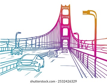 Ponte Golden Gate. São Francisco, Califórnia, EUA. Esboço de linha desenhado à mão. Desenho à tinta. Ilustração vetorial em branco.