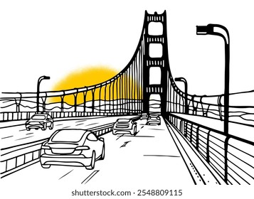 Ponte Golden Gate. São Francisco, EUA. Esboço de linha desenhado à mão. Desenho à tinta. Ilustração vetorial em branco.