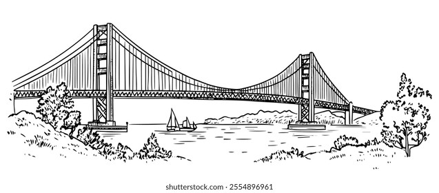 Golden Gate Bridge San Francisco doodle hatching vector sketch