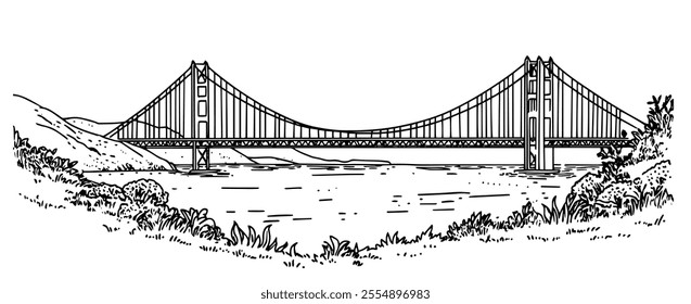 Golden Gate Bridge San Francisco doodle hatching vector sketch