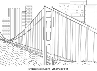 Golden Gate Bridge e San Francisco Skyline Line Art, ilustração de arte de linha preta e branca com a icônica Golden Gate Bridge que atravessa a água com o horizonte da cidade de São Francisco