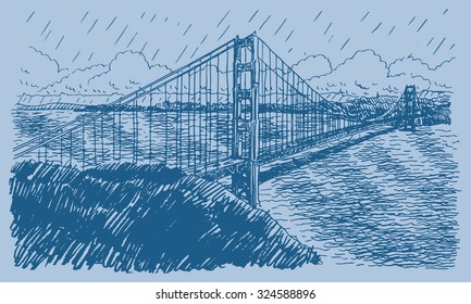 Golden Gate Bridge, San Francisco, California, USA. Vector freehand pencil sketch.