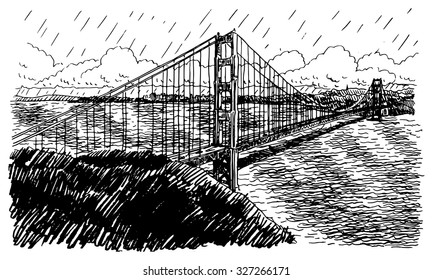 Golden Gate Bridge, San Francisco, California, USA. Vector Hand Drawn Sketch.