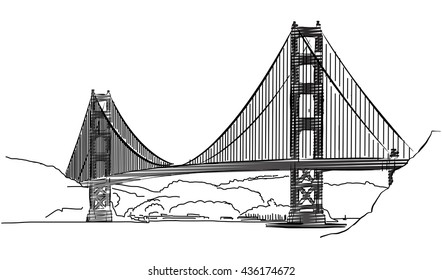 Golden Gate Bridge, San Francisco, Outline Sketch, Hand-drawn Vector Artwork