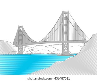 Golden Gate Bridge, San Francisco, Colored Sketch, Hand-drawn Vector Artwork
