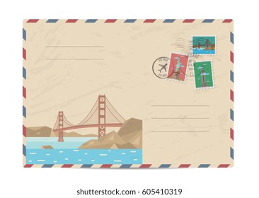 Golden Gate bridge, San Francisco, USA. Vintage postal envelope with famous architectural composition, postage stamps and postmarks on white background vector illustration. Airmail postal services.