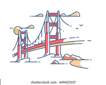 Golden Gate Bridge to San Francisco for crossing bay. Vector illustration