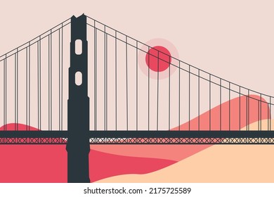  Golden Gate bridge, Sans Francisco, California, bridge with sun and mountains vector illustration.