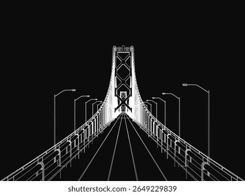 A Ponte Golden Gate está iluminada por luzes de rua em uma impressionante ilustração em preto e branco. O icônico marco de São Francisco contrasta fortemente com o fundo escuro.