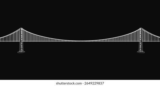 The Golden Gate Bridge stands tall with its two iconic towers and intricate cable design, rendered in striking black and white. This architectural marvel spans the San Francisco Bay.