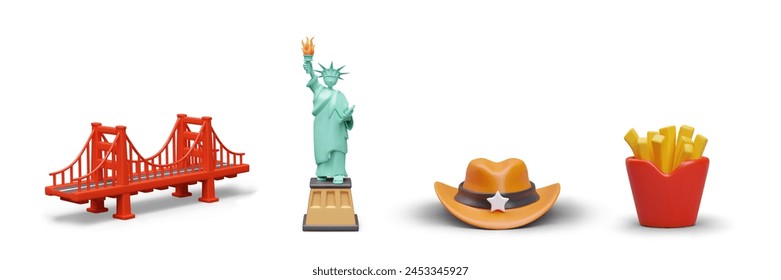 Golden Gate Bridge, Statue of Liberty, sheriff hat, French fries