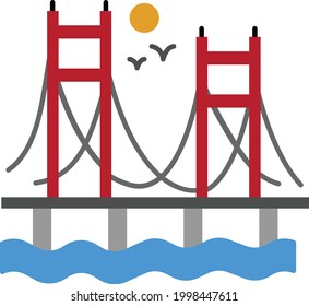 Golden Gate Bridge with Sun and Birds Concept,  Famous landmark Vector color Icon Design, American culture and traditions Symbol, United States Social Sign, US Arts and literature Stock illustration