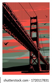 Golden Gate Bridge at sunset, San Francisco, USA - vector illustration (Ideal for printing on fabric or paper, poster or wallpaper, house decoration) 