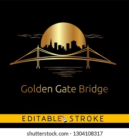 Golden Gate Bridge. Symbol Of San Francisco Logo Or Icon On Black Background. Easy Changing Vector With Editable Strokes.