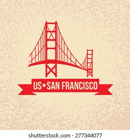 Golden Gate bridge - The symbol of US, San Francisco.. Vintage stamp with red ribbon