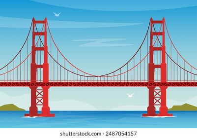 Puente Golden Gate. Símbolo estadounidense. San Francisco (Estados Unidos de América). Vista lateral. Vector Ilustración de estilo plano