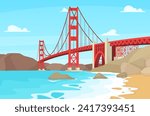 Golden Gate Bridge Vector Illustration. San Francisco Bridge Baker Beach California Vector
