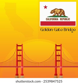 Golden Gate Bridge Vetor Illustration Clipart, World Famous Places Art, Uma das pontes mais altas do mundo, Mapa da Califórnia e Flag Vetor Art