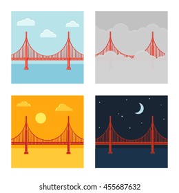 Golden Gate Bridge vector illustration set in different time and weather. Flat cartoon style.