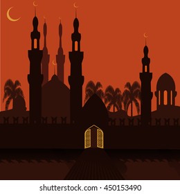 Golden Gate in the eastern city. The city walls and the mosque. holiday symbol. Vector illustration