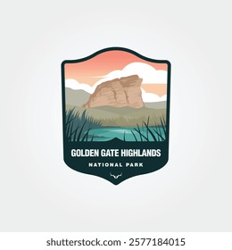 Golden Gate Highlands National Park badge with scenic landscape view. Suitable for travel brochures, national park promotions, outdoor adventure websites.