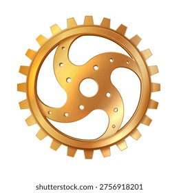 Golden gear with abstract pattern and intricate details. Shiny metallic finish, symbolizing industrial innovation and steampunk aesthetics. Isolated on white background.