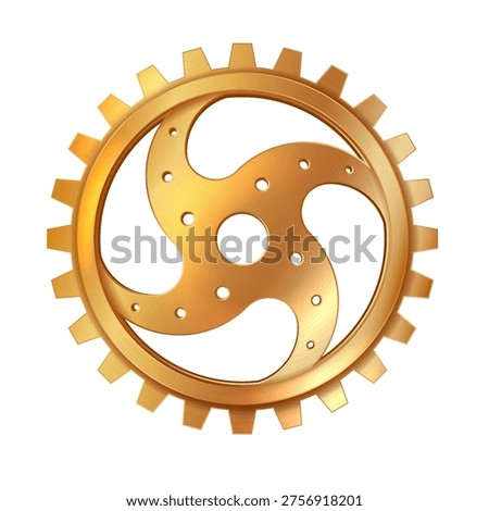 Golden gear with abstract pattern and intricate details. Shiny metallic finish, symbolizing industrial innovation and steampunk aesthetics. Isolated on white background.
