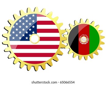golden gears with the flags of USA and Afghanistan