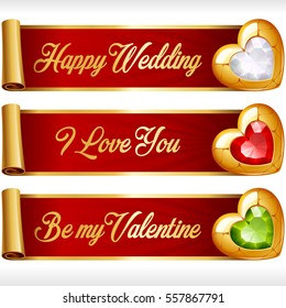 Golden Gem Hearts and Red Ribbons horizontal Banners set. Valentines Day, Wedding celebration or Romantic Lovely Frames Design isolated on white background. Vector Illustration