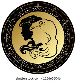 Golden Gemini horoscope symbol. Vector Zodiac sign.