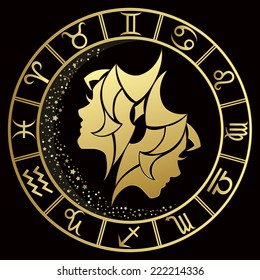 Golden Gemini zodiac sign. Vector Illustration 