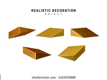Golden geometric 3d object isolated on white background. Gold metallic geometry elements. Realistic vector illustration.