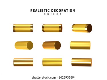 Golden geometric 3d object isolated on white background. Gold metallic geometry elements. Realistic vector illustration.