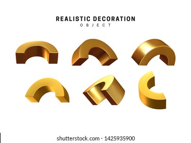 Golden geometric 3d object isolated on white background. Gold metallic geometry elements. Realistic vector illustration.
