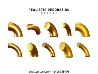 Golden geometric 3d object isolated on white background. Gold metallic geometry elements. Realistic vector illustration.