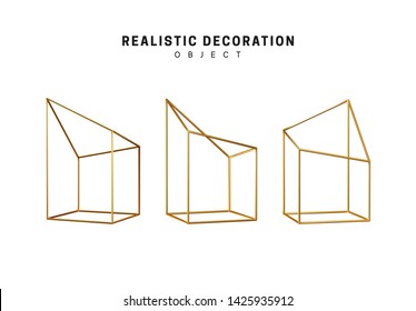 Golden geometric 3d object isolated on white background. Gold metallic geometry elements