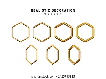 Golden geometric 3d object isolated on white background. Gold metallic geometry elements