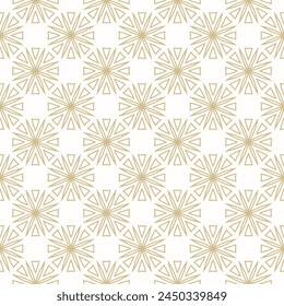 Golden geometric abstract seamless texture. Vector gold and white pattern. Modern geo leaf ornament with outline floral silhouettes. Luxury ornamental background. Repeated geo design for print, decor