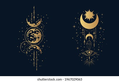 Golden Geometric celestial moon prints set. Mystical gold lunar tattoos. Spiritual space poster.