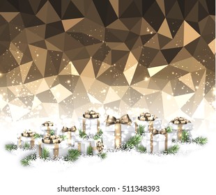 Golden geometric Christmas background with gifts. Vector illustration.