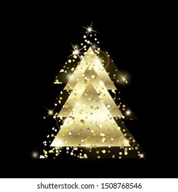 A golden geometric Christmas tree made of triangles. Yellow Golden Glitter. For Xmas and Happy new year. Vector illustration on black background. Glowing and shimmering golden confetti.