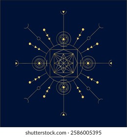 A golden geometric design on a deep navy background, radiating balance and harmony. This intricate mandala-like illustration features interconnected lines, circles, and arrows, embodying a mystical an