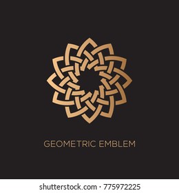 Golden geometric emblem template design on a dark background. Vector illustration.