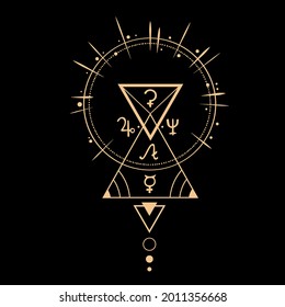 golden geometric esoteric composition with magic symbols