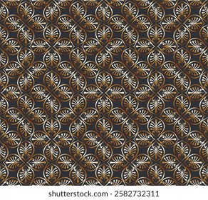 Golden geometric floral seamless pattern in ethnic style. Simple flower pattern. Gold decorative ornament on a black background. 