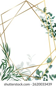 Quadro geométrico dourado adornado com eucalipto e folhas verdes, criando uma borda elegante em um fundo branco, ideal para convites de casamento e desenhos sofisticados