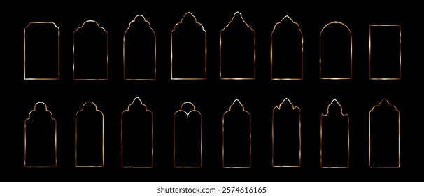 Golden geometric frame of arch in Muslim style, Arabic figures window or door, Gate of Islam, Ramadan, Vector illustration.