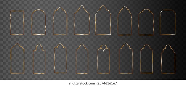 Golden geometric frame of arch in Muslim style, Arabic figures window or door, Gate of Islam, Ramadan, Vector illustration.