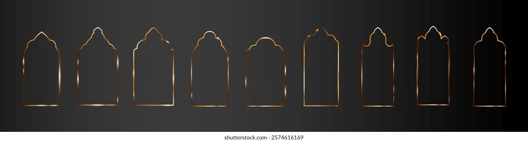 Golden geometric frame of arch in Muslim style, Arabic figures window or door, Gate of Islam, Ramadan, Vector illustration.